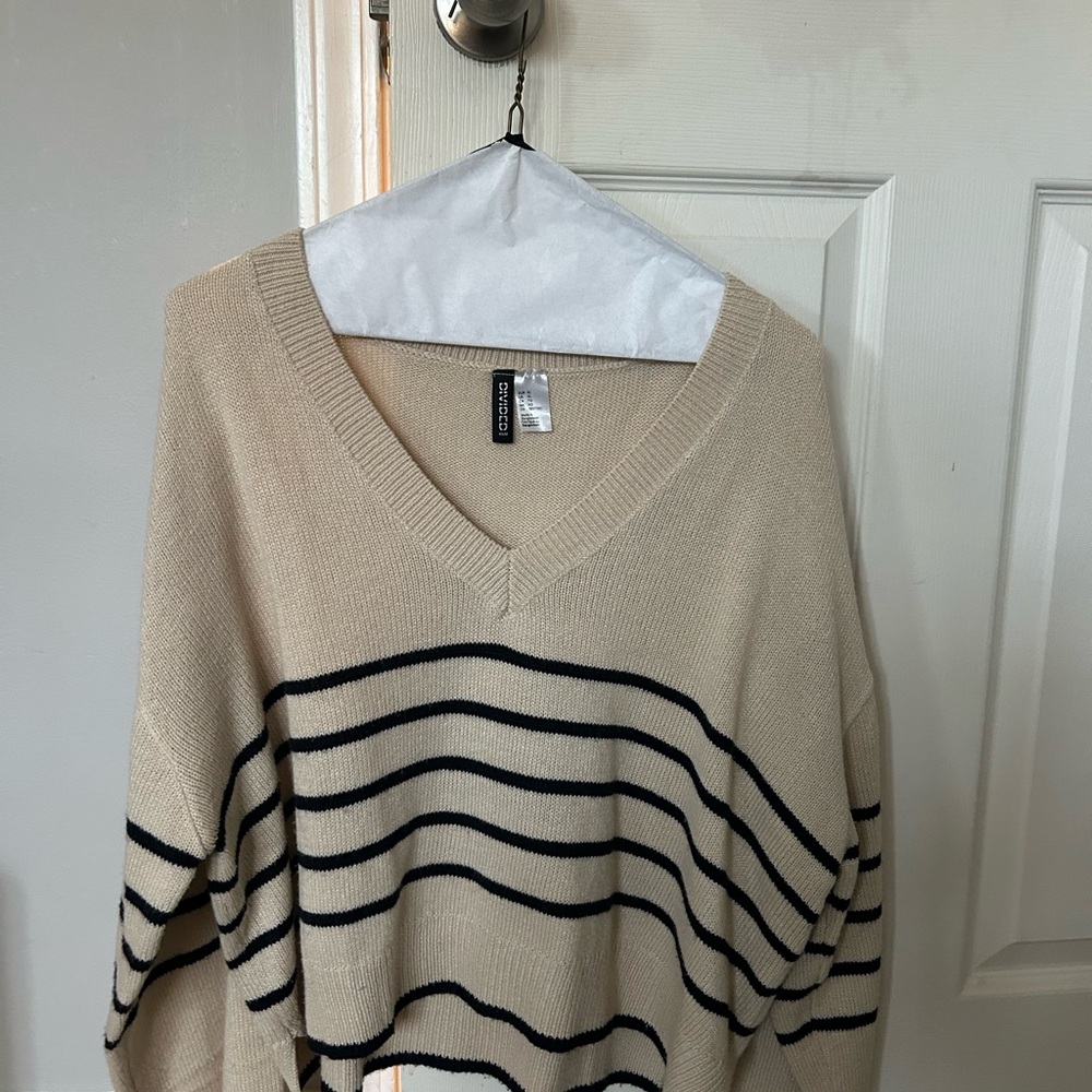H&M Cream and Black Striped V-Neck Sweater